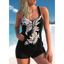 Breathable Black Floral Print Tankini Set
