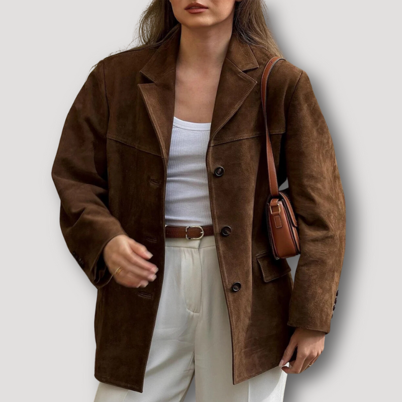Brown Suede Oversize Jacket With Lapel Collar And Pockets