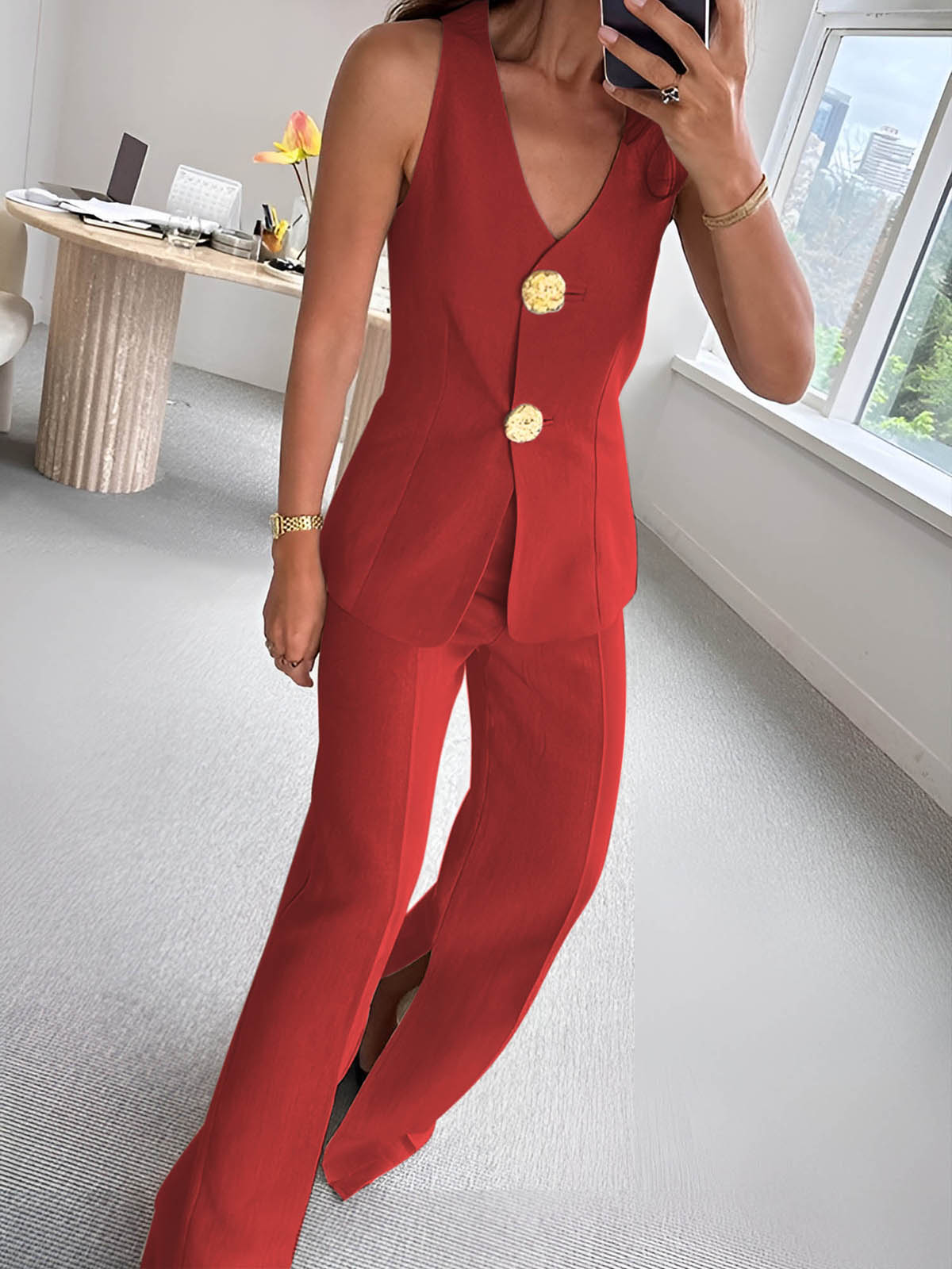 Button Split Sleeveless Business Set