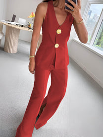 Button Split Sleeveless Business Set