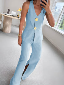 Button Split Sleeveless Business Set