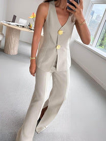Button Split Sleeveless Business Set