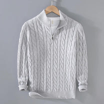 Cable Knit Cotton Sweater With Zip Collar