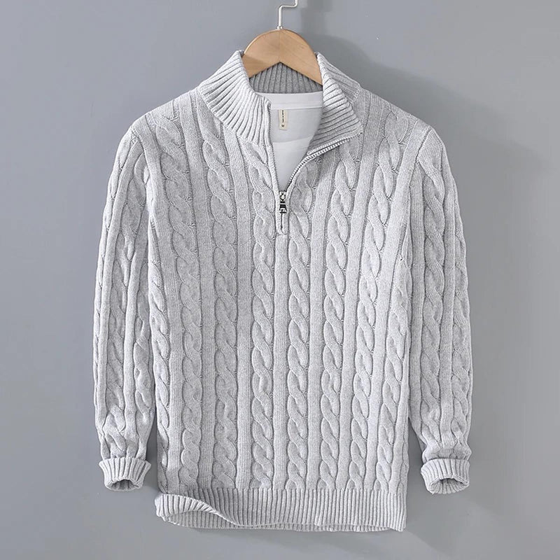 Cable Knit Cotton Sweater With Zip Collar