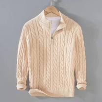 Cable Knit Cotton Sweater With Zip Collar