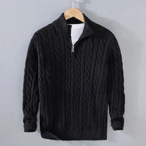 Cable Knit Cotton Sweater With Zip Collar