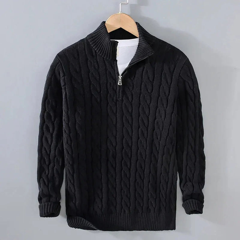 Cable Knit Cotton Sweater With Zip Collar