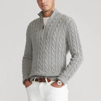 Cable Knit Cotton Sweater With Zip Collar