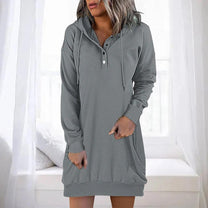 Casual Long Hooded Dress With Button Closure