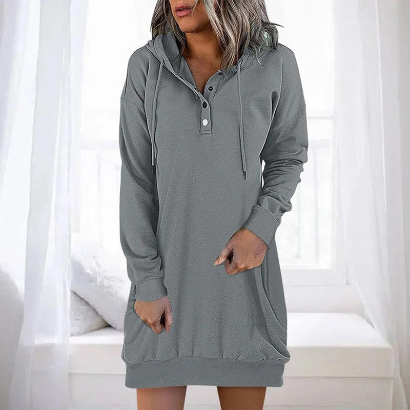Casual Long Hooded Dress With Button Closure