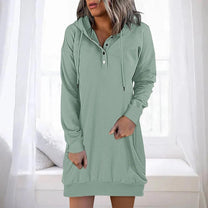 Casual Long Hooded Dress With Button Closure