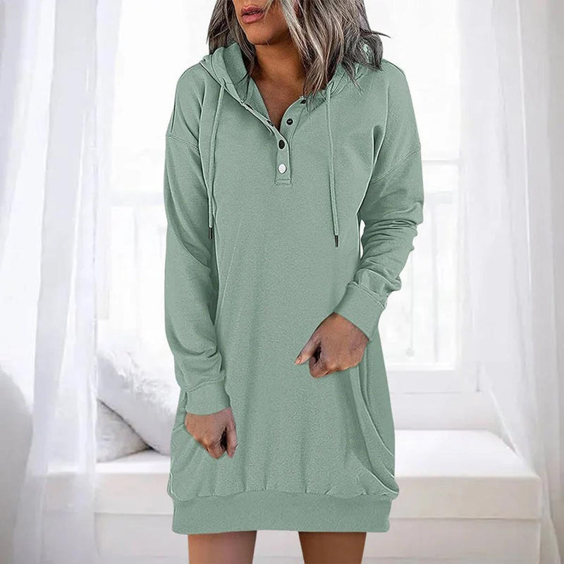 Casual Long Hooded Dress With Button Closure