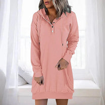 Casual Long Hooded Dress With Button Closure