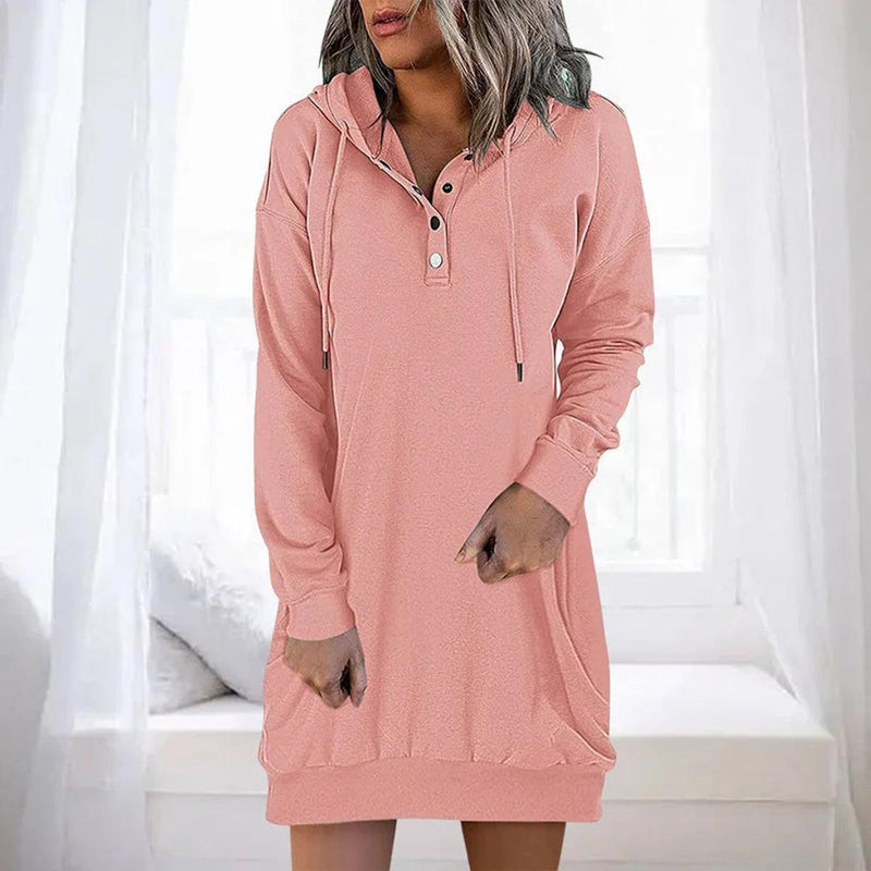 Casual Long Hooded Dress With Button Closure