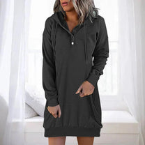 Casual Long Hooded Dress With Button Closure
