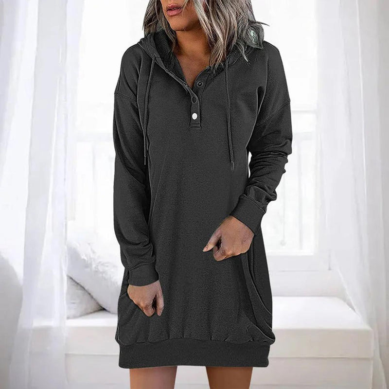Casual Long Hooded Dress With Button Closure