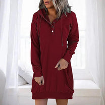 Casual Long Hooded Dress With Button Closure
