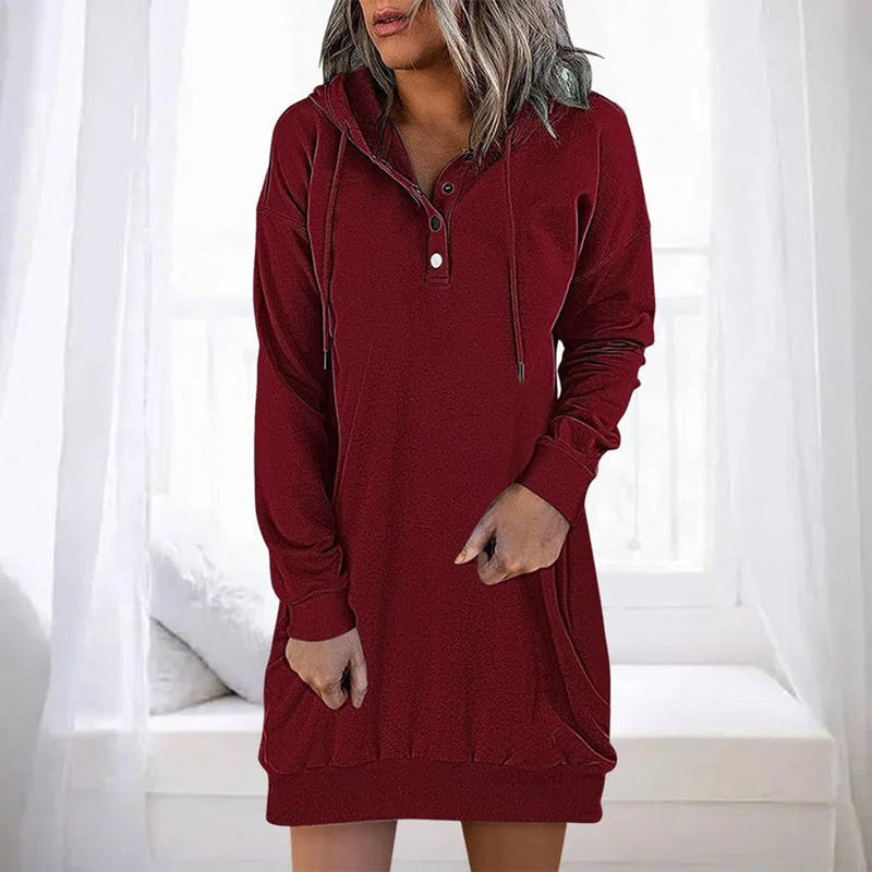 Casual Long Hooded Dress With Button Closure