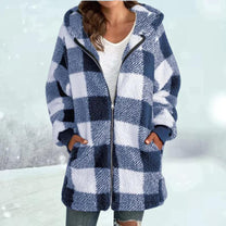 Check Pattern Faux Fur Winter Coat With Hood