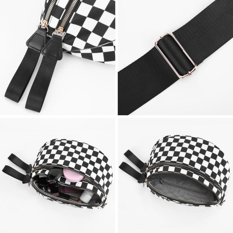 Checkered Crossbody Bum Bag With Wide Strap And Multiple Compartments