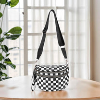 Checkered Crossbody Bum Bag With Wide Strap And Multiple Compartments
