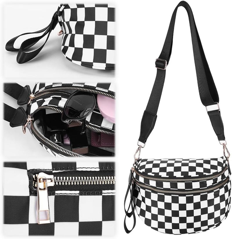 Checkered Crossbody Bum Bag With Wide Strap And Multiple Compartments