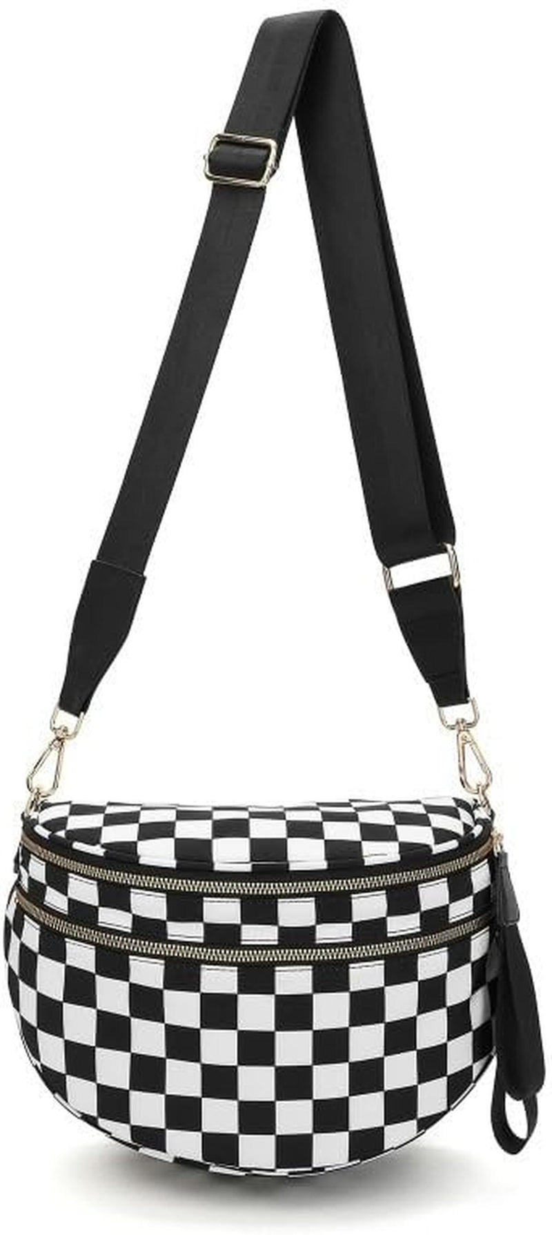 Checkered Crossbody Bum Bag With Wide Strap And Multiple Compartments