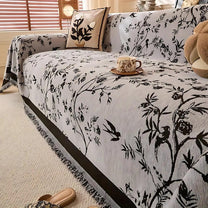 Chenille Plaid Sofa Cover With Floral Motif And Fringes