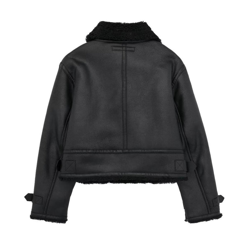 Chic Black PU Leather Jacket With Fur Collar