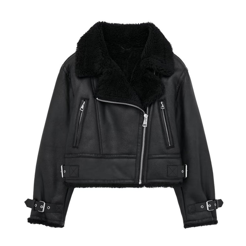 Chic Black PU Leather Jacket With Fur Collar