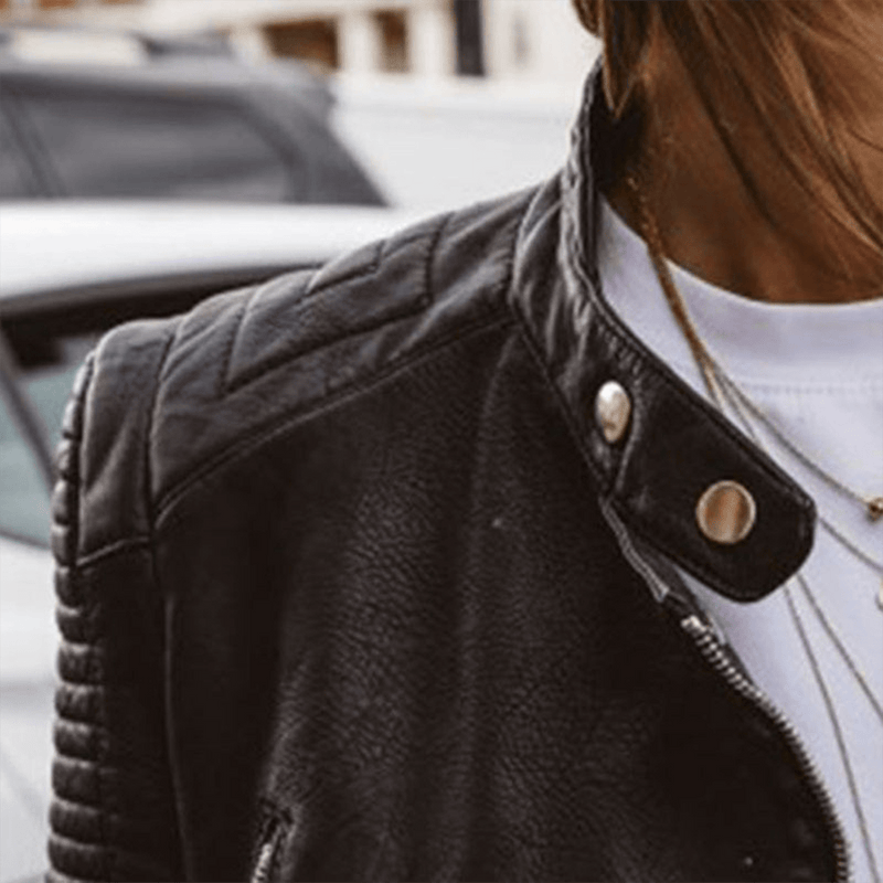 Chic Black PU Leather Stand Collar Jacket For Women