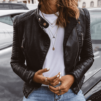 Chic Black PU Leather Stand Collar Jacket For Women