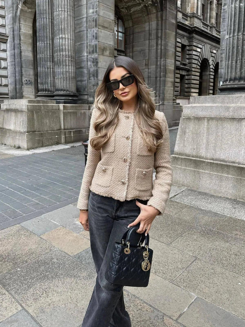 Chic Cropped Tweed Jacket For Women