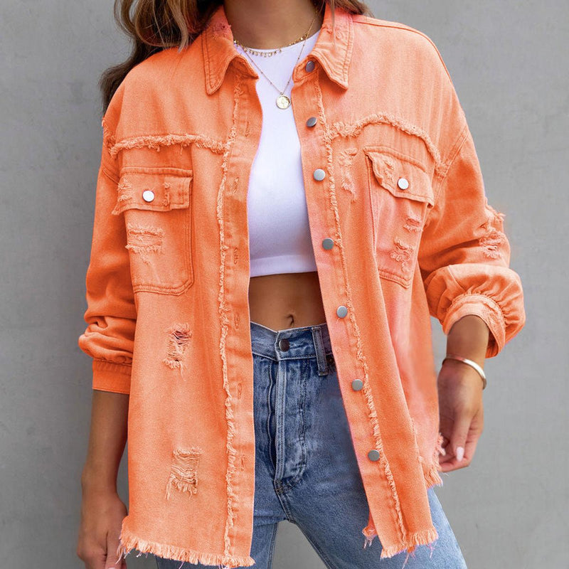 Chic Distressed Women&#39;s Denim Jacket