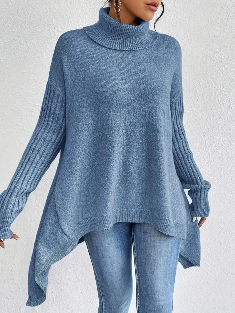 Chic Oversized Turtleneck Sweater With Asymmetrical Hem Herwick
