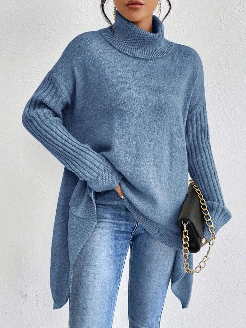 Chic Oversized Turtleneck Sweater With Asymmetrical Hem Herwick