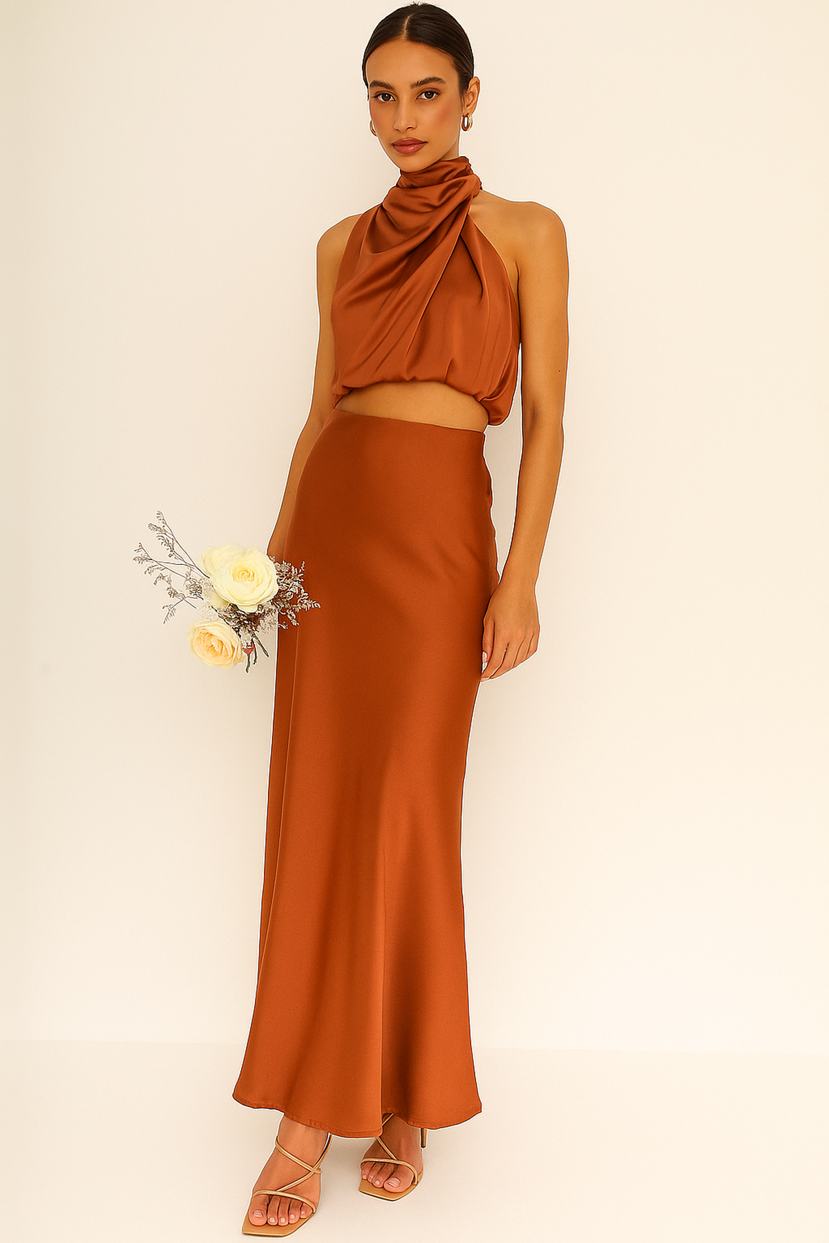 Co-ord Satin Maxi Skirt Set Cowl Neck