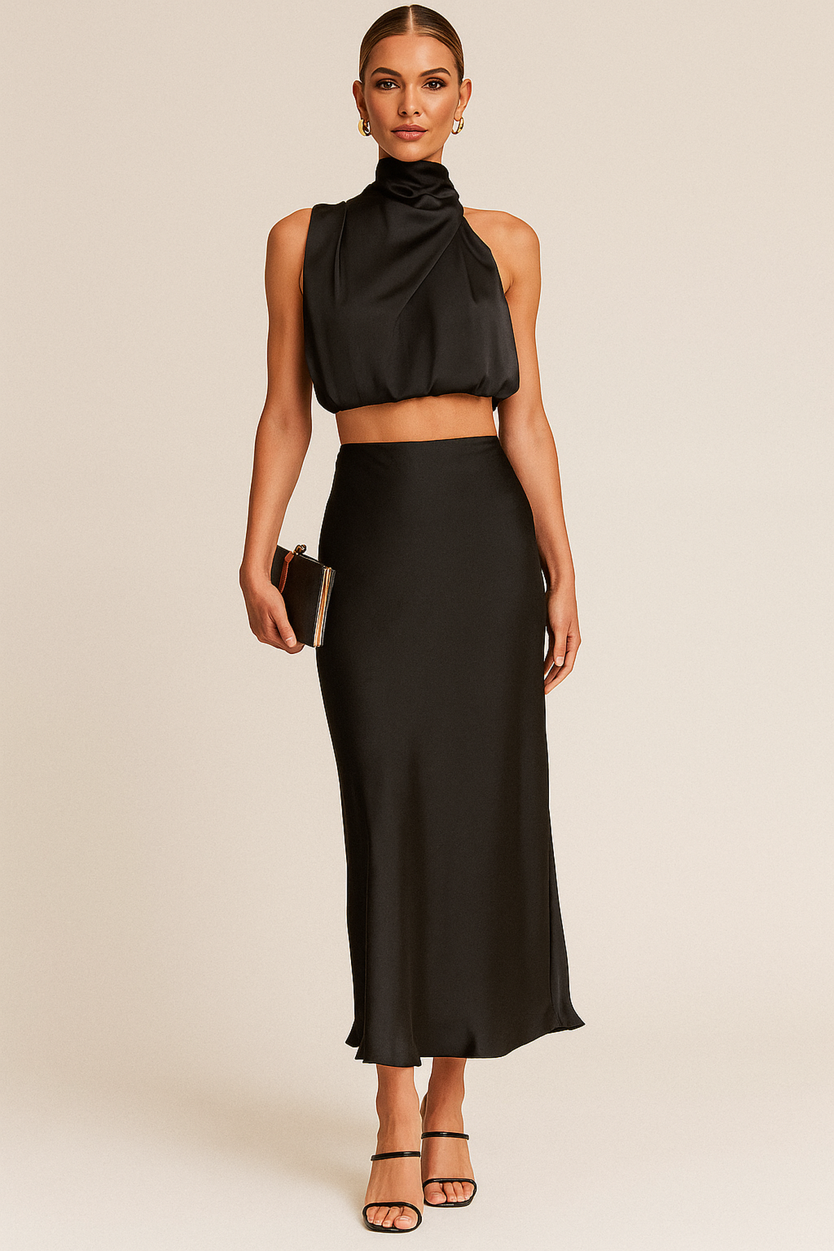 Co-ord Satin Maxi Skirt Set Cowl Neck