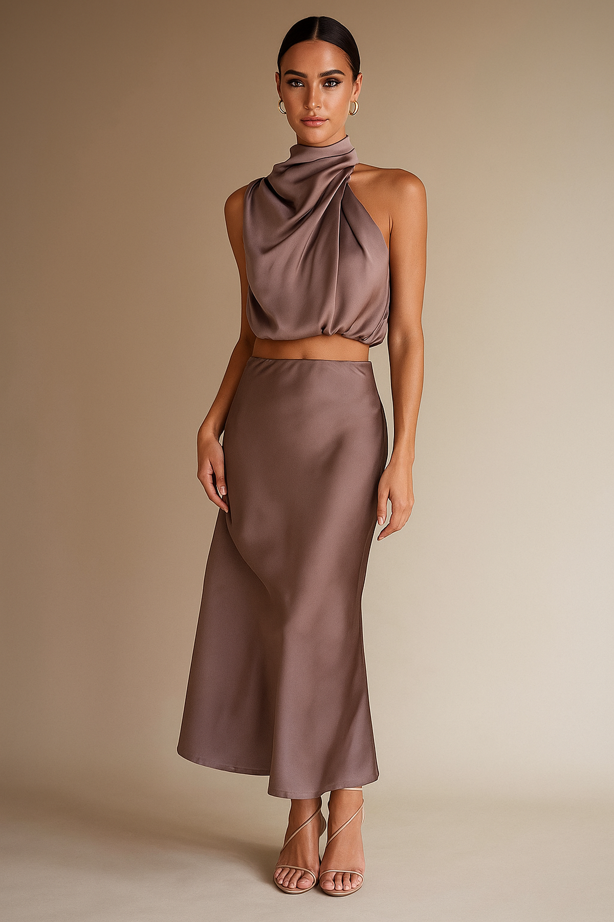 Co-ord Satin Maxi Skirt Set Cowl Neck