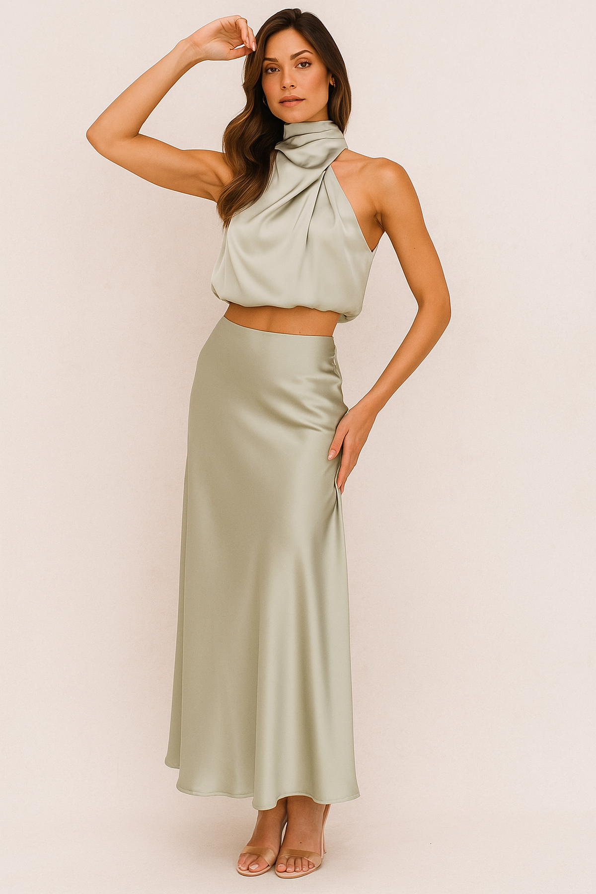 Co-ord Satin Maxi Skirt Set Cowl Neck