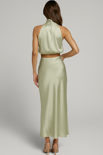Co-ord Satin Maxi Skirt Set Cowl Neck