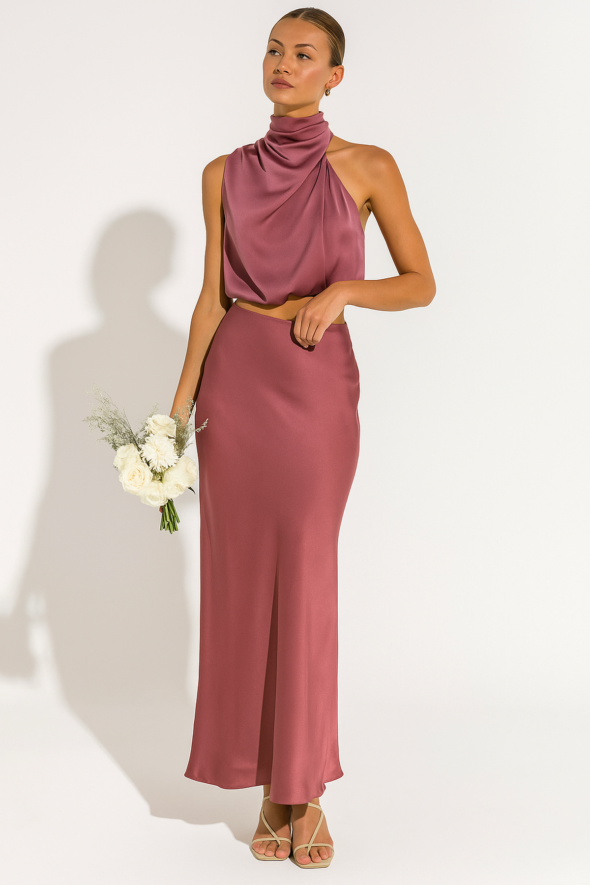 Co-ord Satin Maxi Skirt Set Cowl Neck