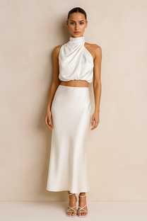 Co-ord Satin Maxi Skirt Set Cowl Neck