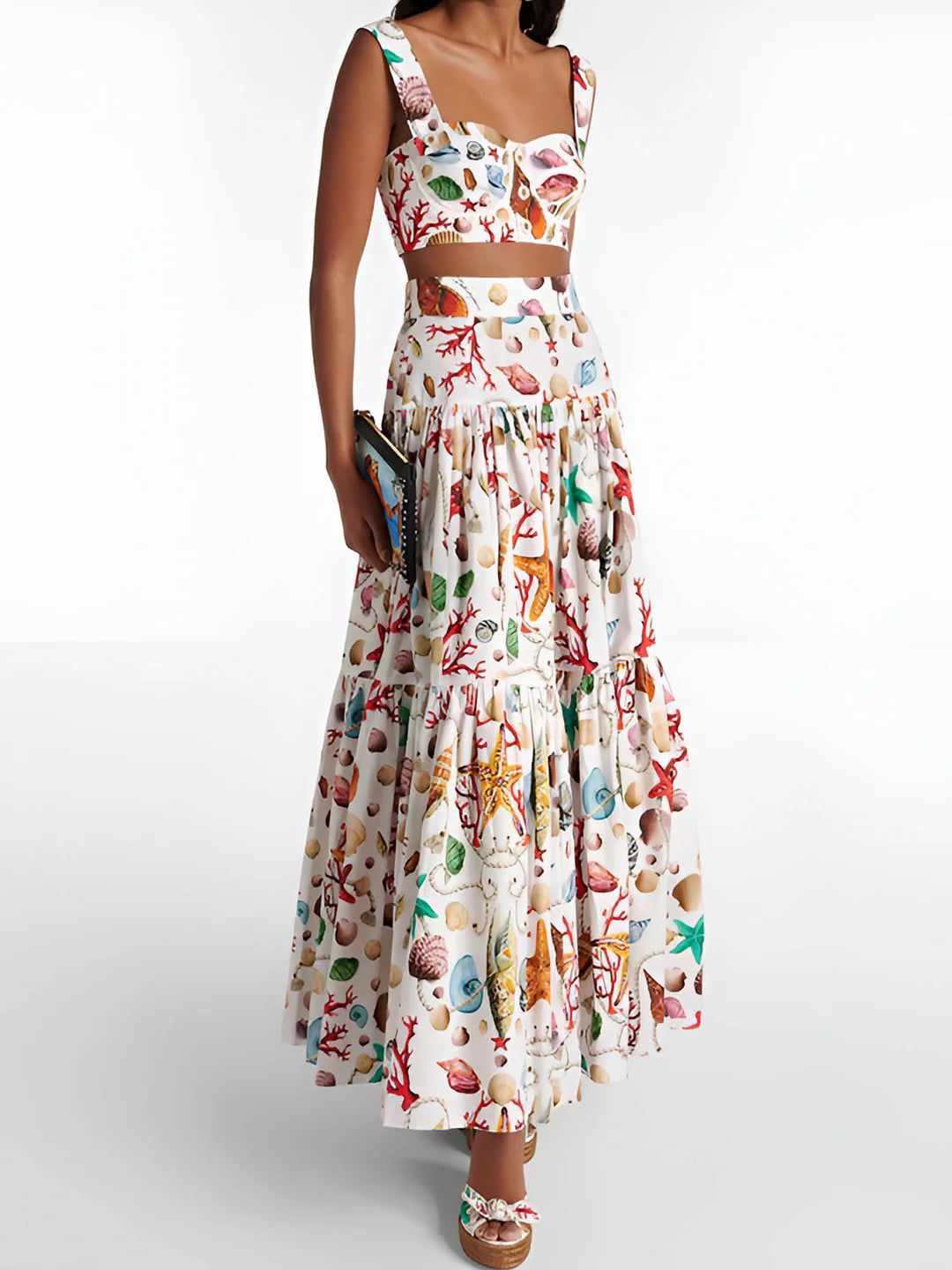 Beach Two-Piece Set – Shirred Crop Top and Pleated Maxi Skirt