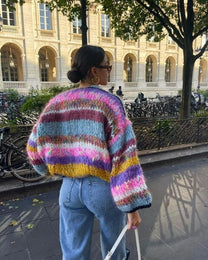 Colorful Knit Short Cardigan With Puff Sleeves For Women