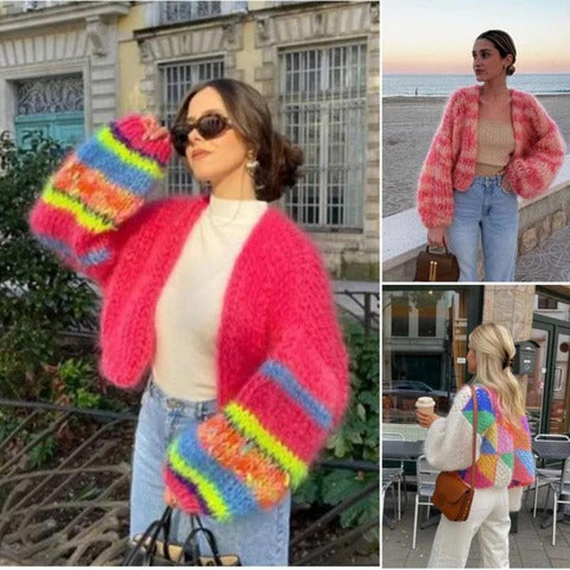 Colorful Knit Short Cardigan With Puff Sleeves For Women