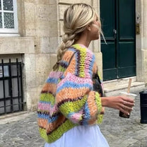 Colorful Knit Short Cardigan With Puff Sleeves For Women
