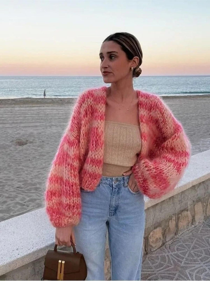 Colorful Knit Short Cardigan With Puff Sleeves For Women