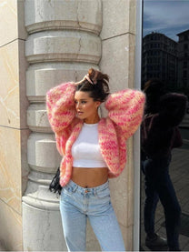 Colorful Knit Short Cardigan With Puff Sleeves For Women