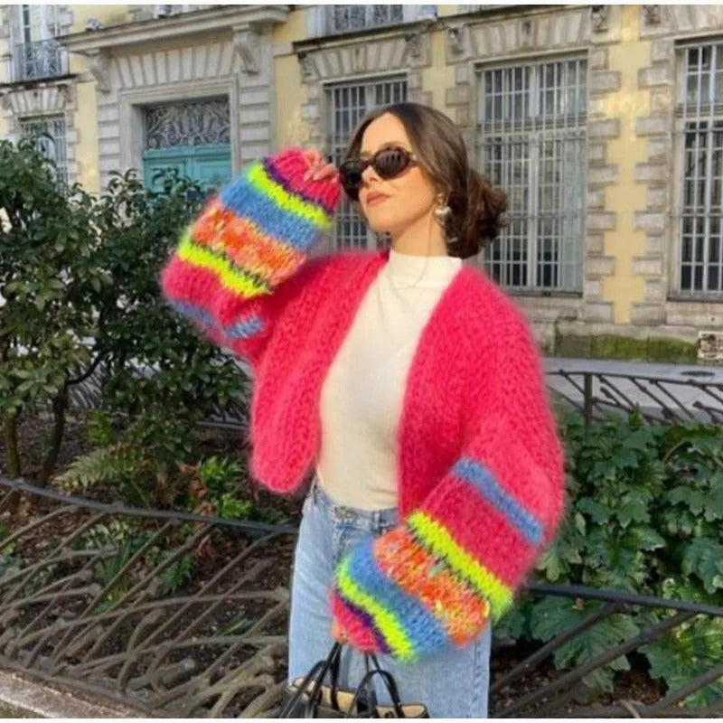 Colorful Knit Short Cardigan With Puff Sleeves For Women